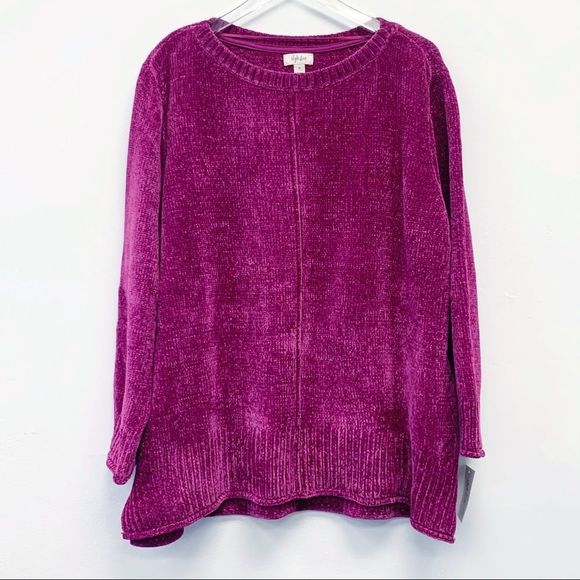 Plus Size Fuchsia Rib Knit Chenille Scoop Neck Sweater, 3X - Picture 1 of 11